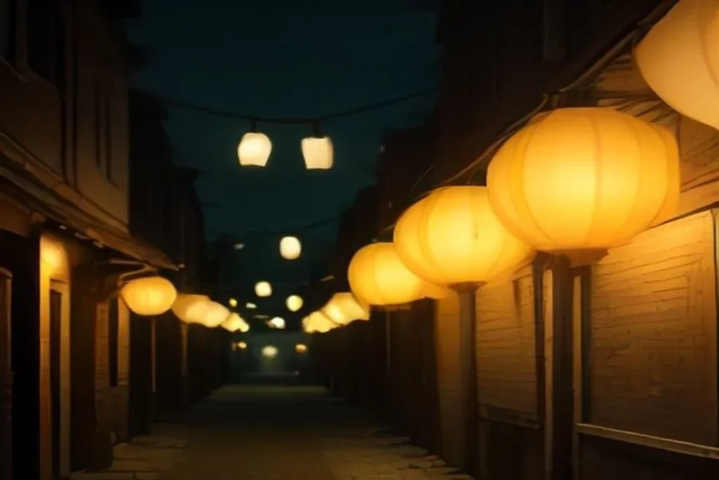 Paper lanterns glowing above a narrow night street in warm light