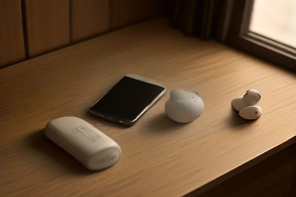 A smartphone lying face-down beside wireless earphones on a wooden table