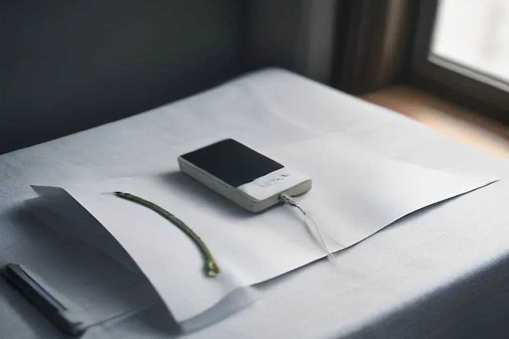 A coiled USB cable resting beside a phone on a folded linen cloth