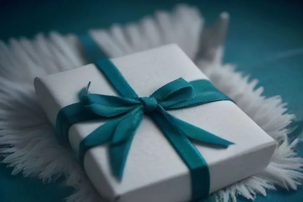 A wrapped gift box with a teal ribbon resting on dark felt