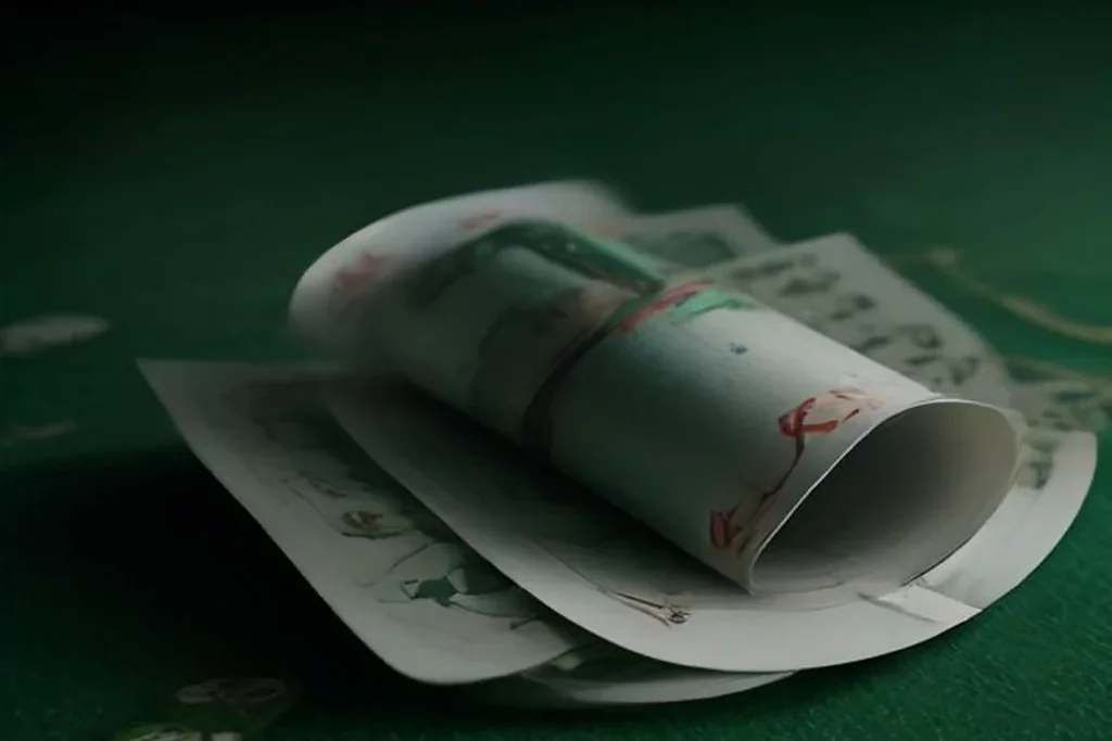 Playing cards lying face-down in a fan shape on green felt with blank casino chips nearby