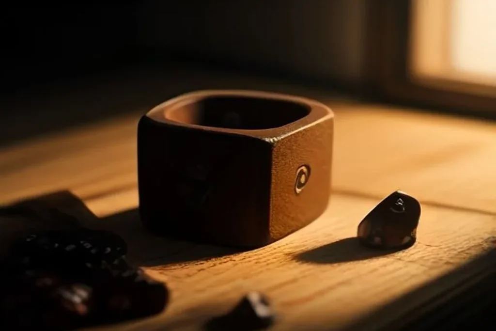 A wooden dice cup tipped over with two dice resting on dark felt in soft light