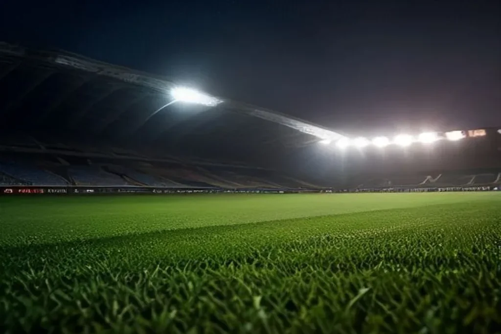 Football on a grass pitch edge under bright stadium floodlights at night