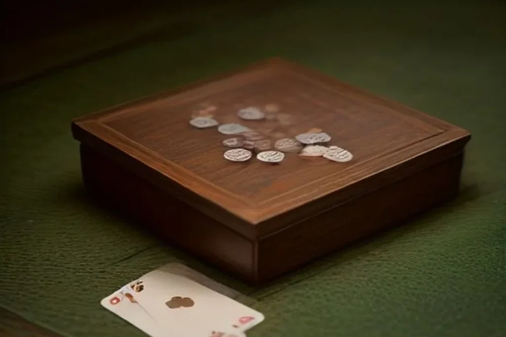 Playing cards lying face-down in a neat row beside a wooden dealer shoe on green felt