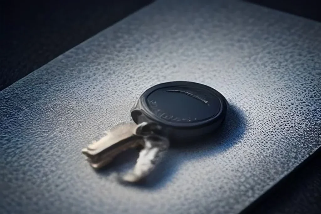 A key ring with a single metal key lying on a dark matte surface