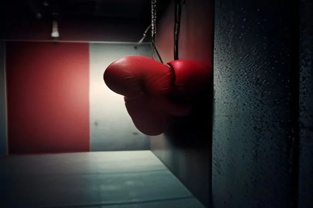 Boxing gloves hanging on a dark gym wall, the muay thai motif of the original review
