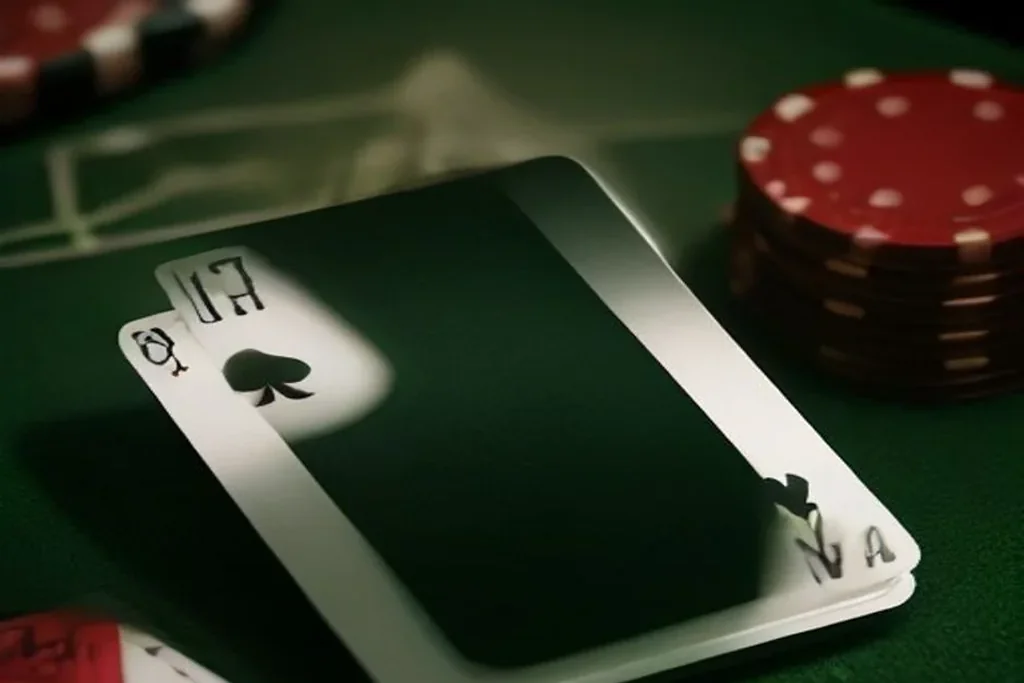 Playing cards face-down beside blank casino chips on green felt