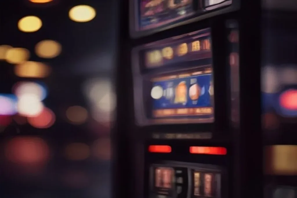 Slot machine lever with blurred spinning reels and bokeh lights, no readable symbols
