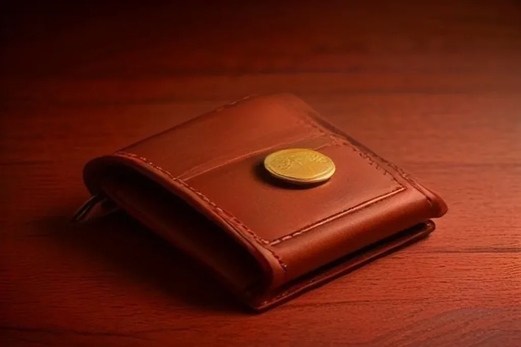 A stack of blank golden coins beside a closed leather wallet on a dark wooden table