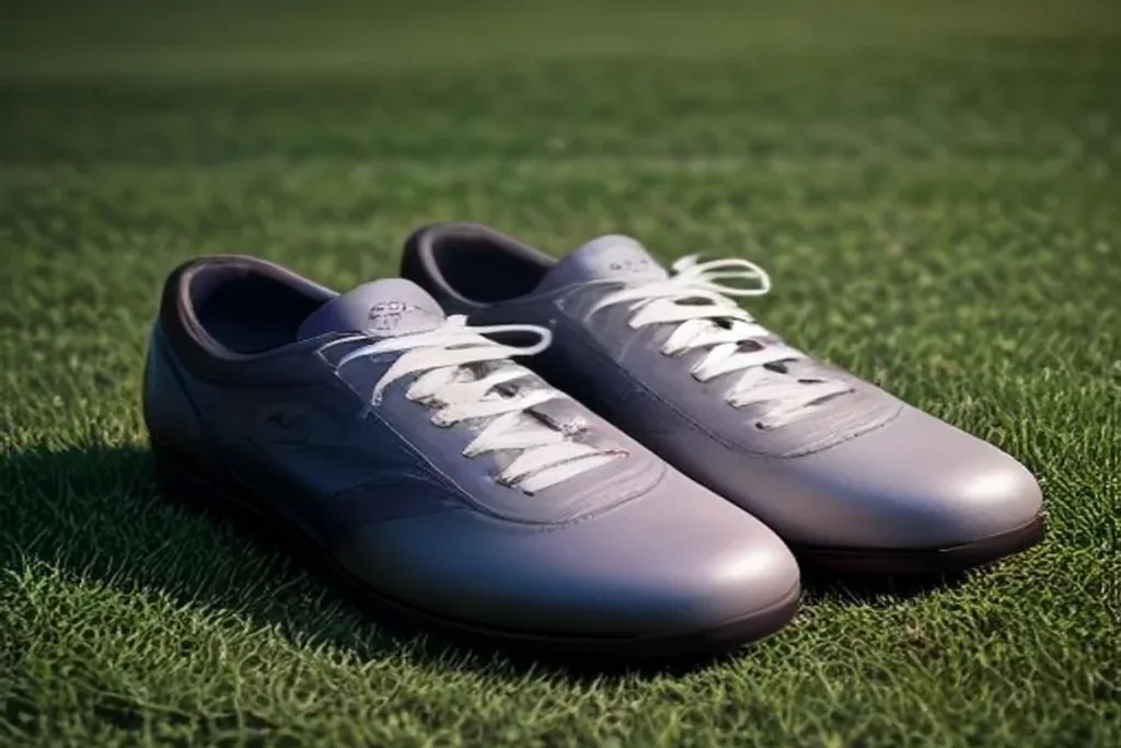 A pair of classic leather football boots on grass beside a white chalk line
