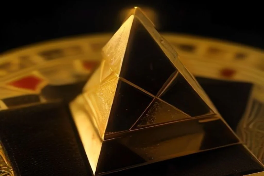 A velvet drawstring pouch beside a single gold casino chip on a dark table