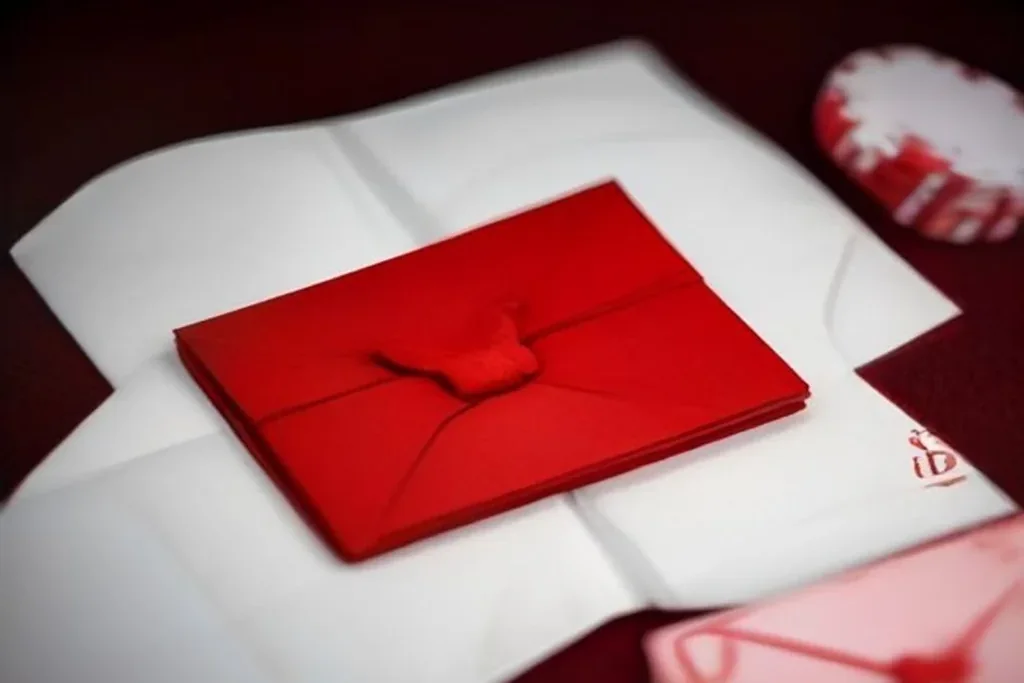 A red gift envelope lying on dark felt beside a small stack of blank casino chips