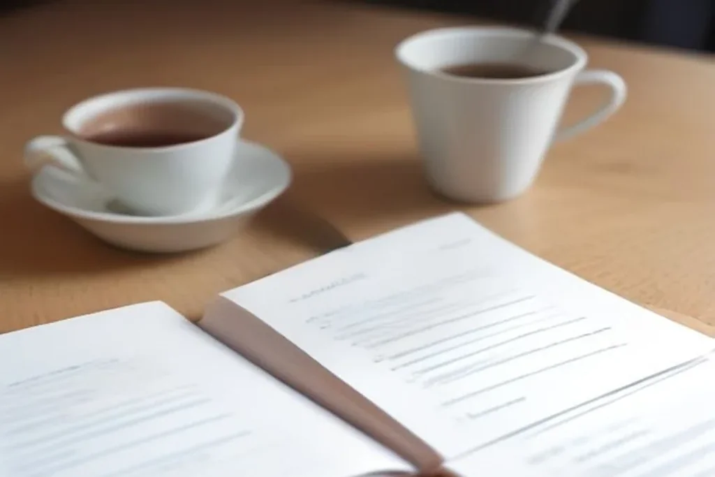 A paper checklist with a pencil resting on a tidy desk beside a cup of tea