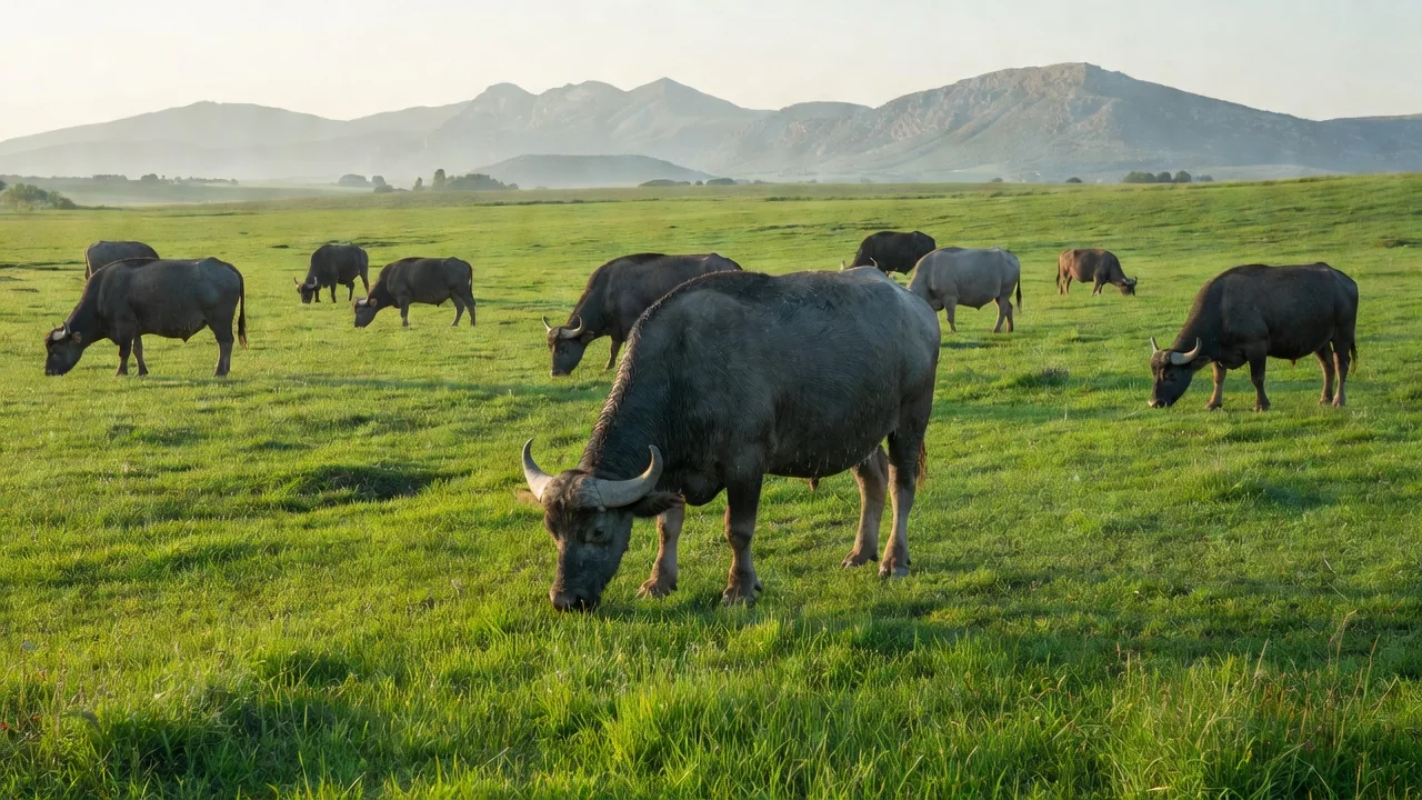 Bufale al pascolo nella piana del Sele vicino a Paestum