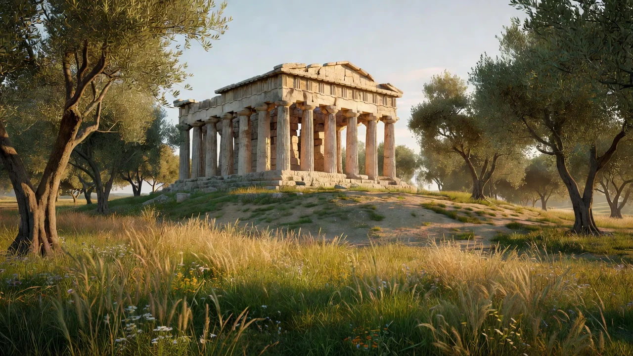 Il tempio di Atena a Paestum visto dalla collina tra gli ulivi