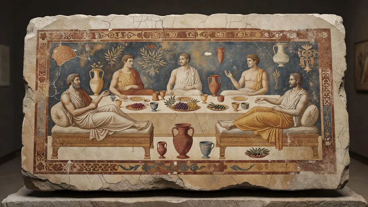 Affresco funerario in stile greco antico con figure del simposio, museo di Paestum