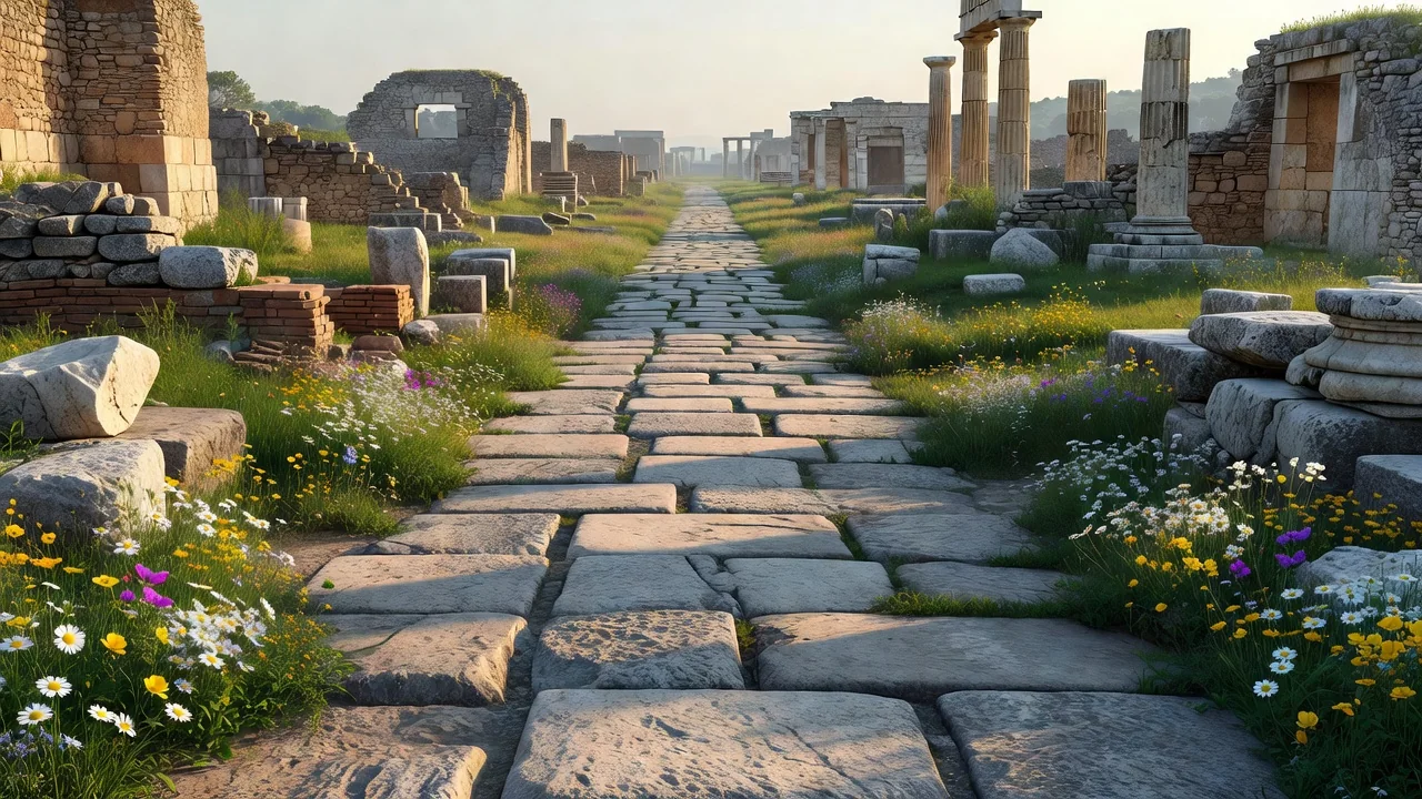 Le rovine romane di Paestum lungo l'antica via lastricata