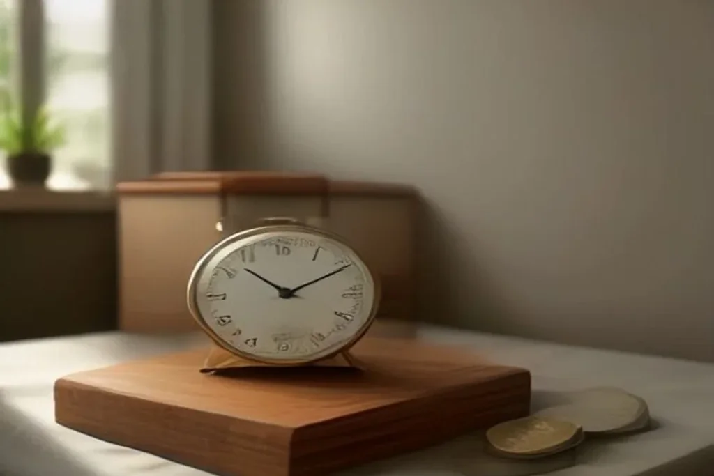 An analog alarm clock beside a small stack of coins on a bedside table