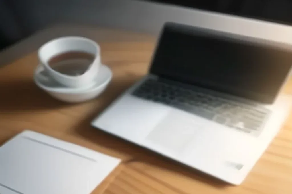 A closed laptop and a cup of tea on a quiet evening desk
