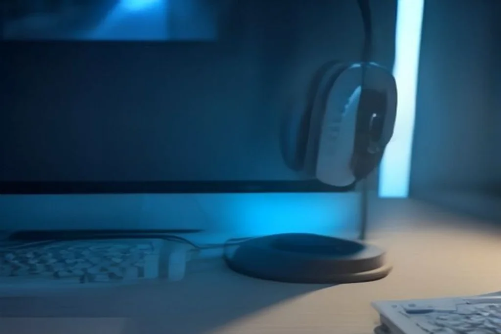 Gaming keyboard with glowing keys and a headset on a dark desk