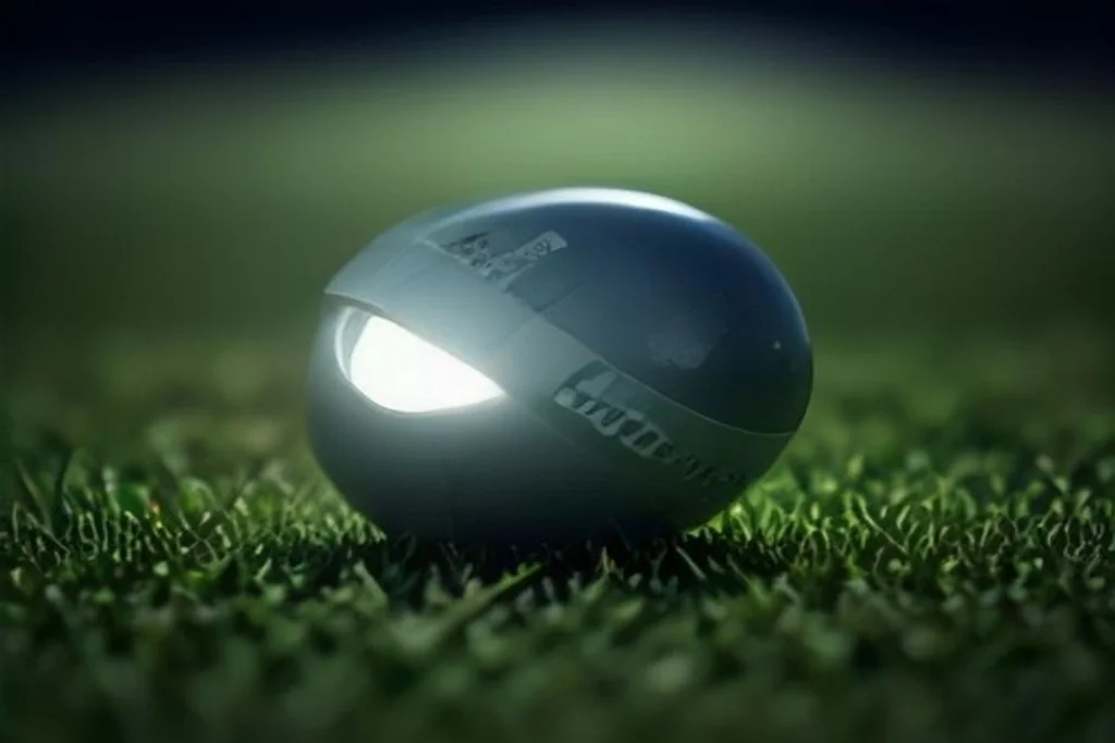 Football on the edge of a grass pitch under stadium floodlights at night
