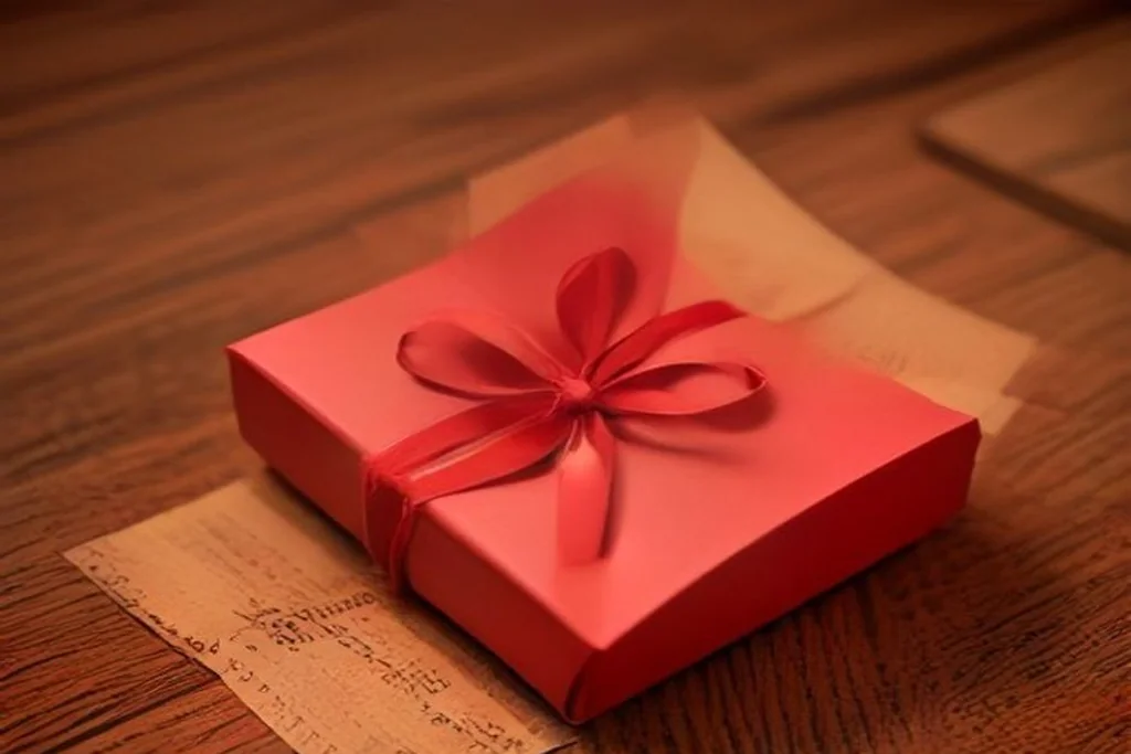 Gift box with a gold ribbon beside a stack of blank casino chips