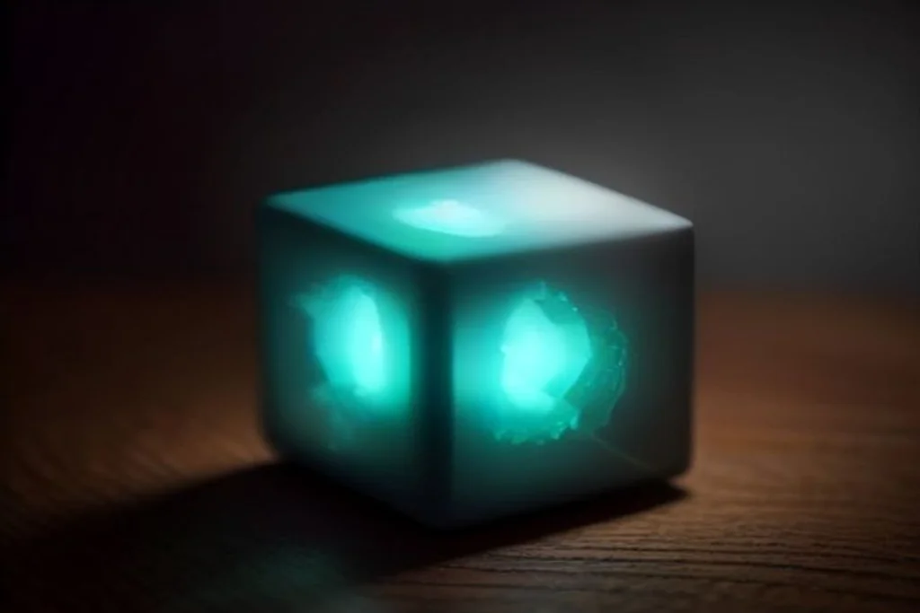 Macro shot of dice showing dots on a dark reflective surface